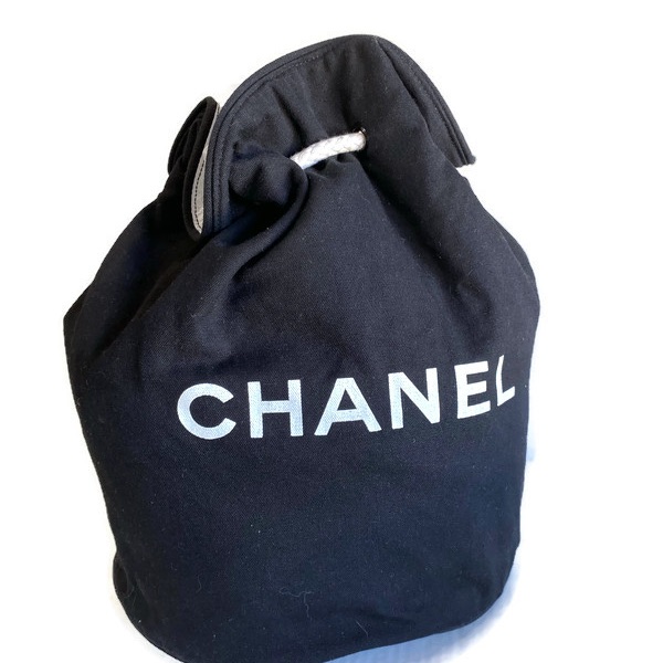 Auth Chanel Black & White Logo Large Jumbo Drawstring Canvas Bucket Bag Backpack